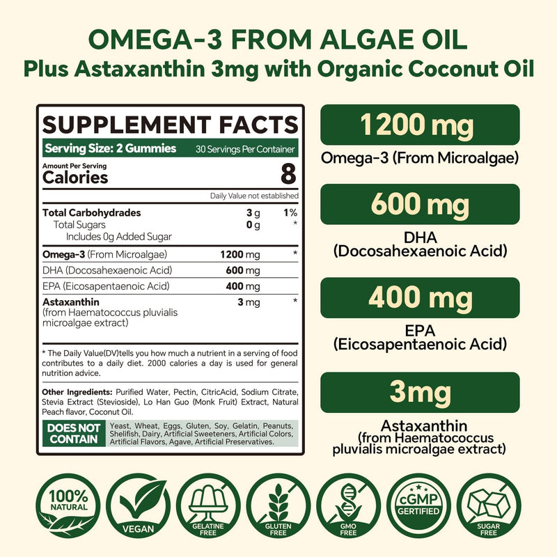 Vegan Omega 3 Gummies 1200mg - Dual Layer Algae DHA 600mg / EPA 400mg