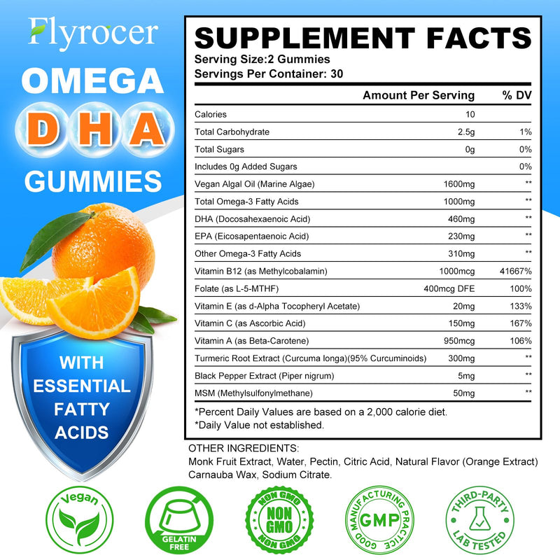 Vegan Omega-3 Gummies with Algal Oil - 1600MG DHA & EPA, 10 Essential Vitamins | Orange Flavor, 60 Count