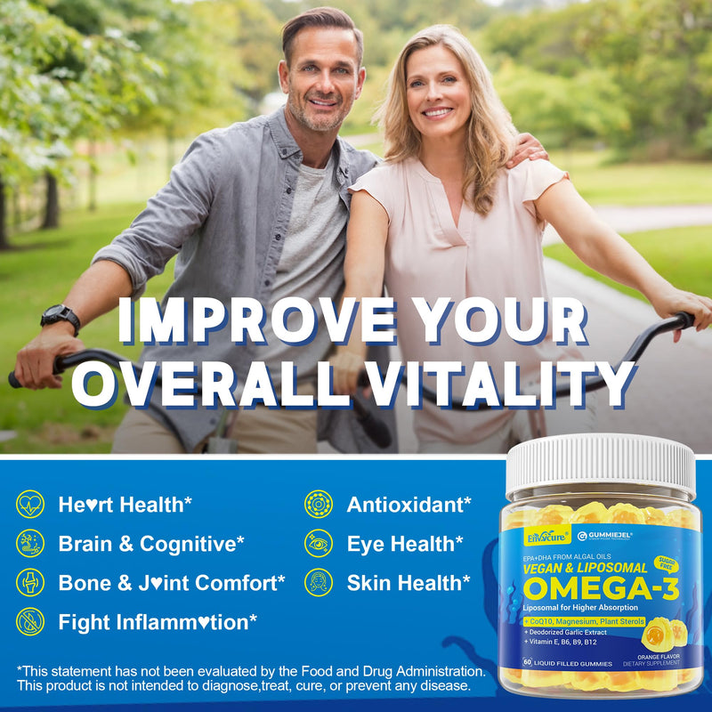 EnvyCure Vegan Omega-3 Gummies 1000mg + CoQ10 + Magnesium – EPA 600mg DHA 400mg, Liposomal Algae, 2-Pack