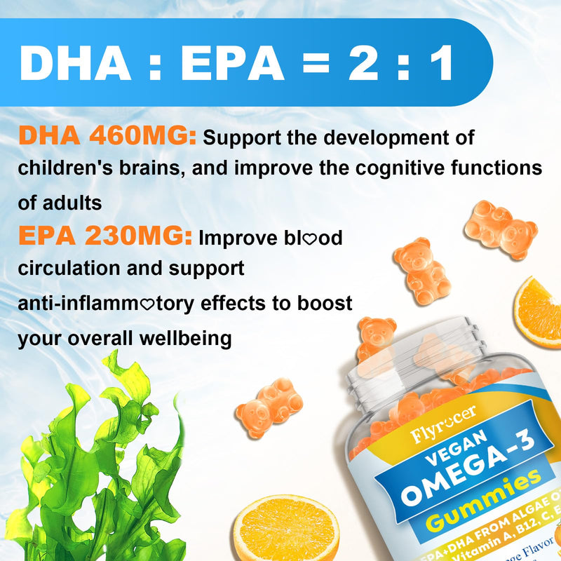 Vegan Omega-3 Gummies with Algal Oil - 1600MG DHA & EPA, 10 Essential Vitamins | Orange Flavor, 60 Count