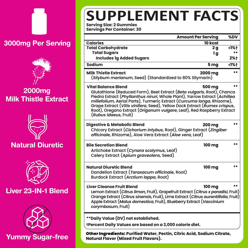 Liver Cleanse Detox Gummies – 2000mg Milk Thistle, 60 Gummies, 23-in-1