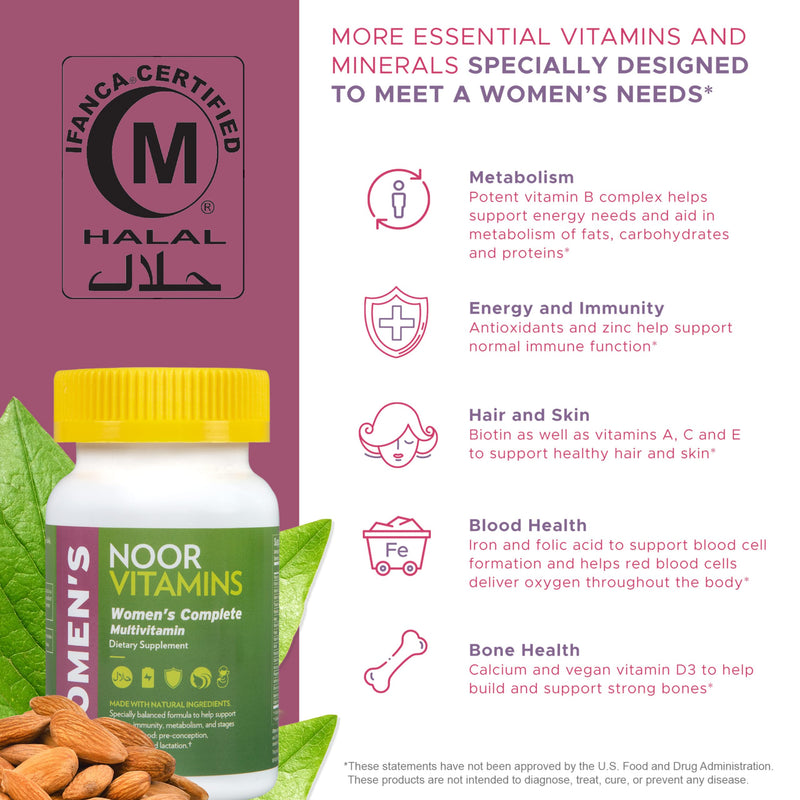 Noor Vitamins Halal Vegan Women's Multivitamin – Once Daily, 2-Month Supply
