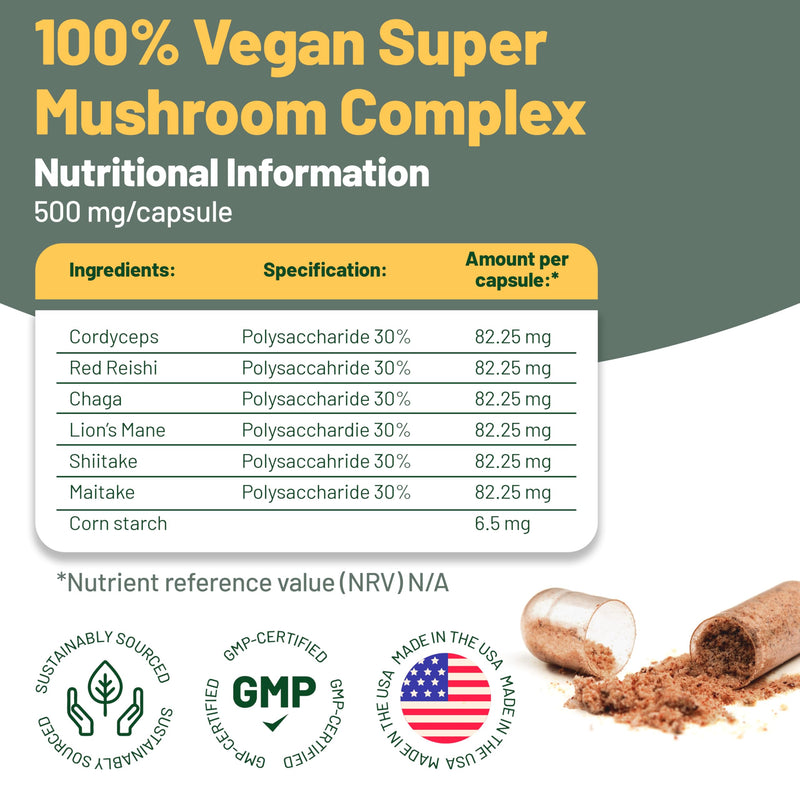 Vegan Vitality Multi Mushroom Supplement Complex - 120 Capsules | Reishi, Chaga, Shiitake, Maitake, Lion's Mane & Cordyceps