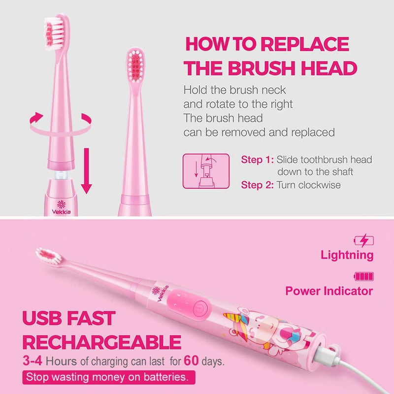 Vekkia Kids Sonic Toothbrush – 3 Modes, Memory, 2-Min Timer, Pink