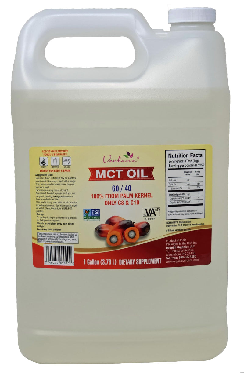 Verdana Food Grade MCT Oil – 1 Gallon (128 fl oz) – C8/C10, Keto & Paleo, Non-GMO, Kosher