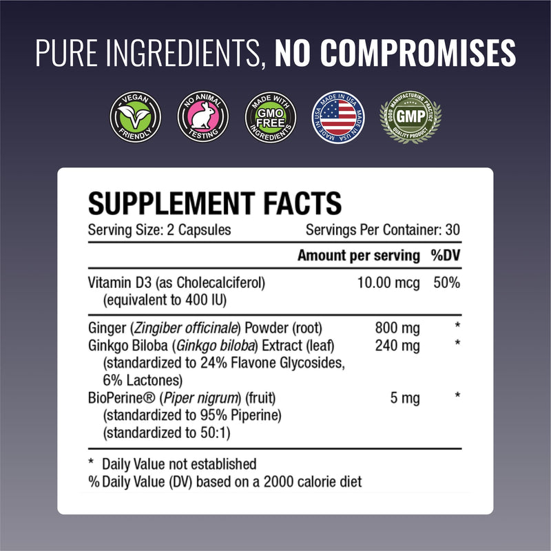 Approved Science VertiSyl – Ginkgo Biloba, Ginger, Vitamin D3, BioPerine | 60 Capsules, 1 Month Supply