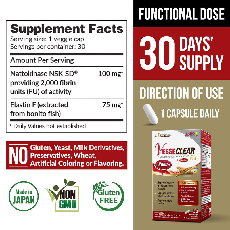 LABO Nutrition VesseCLEAR EX: Nattokinase NSK-SD + Elastin F | Acid-Resistant Capsule