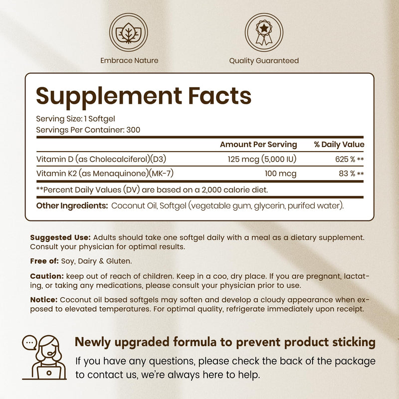 VEV Corefeel Vitamin D3 K2 (5000 IU / 100 mcg) – 300 Softgels | Coconut Oil