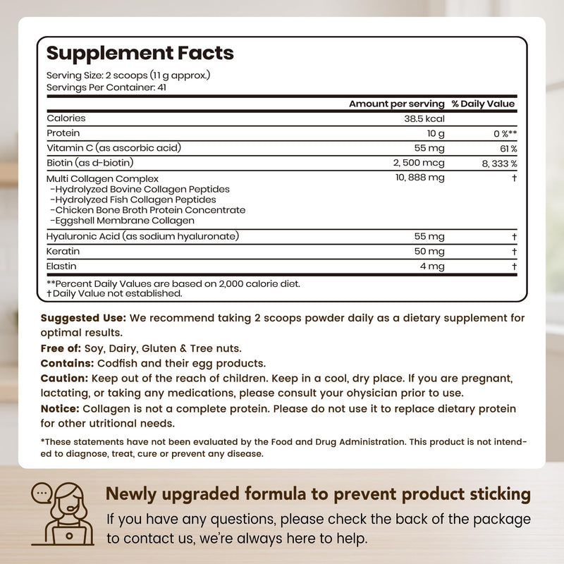 VEV Multi Collagen Peptides Powder 16 oz (41 Servings) – Hydrolyzed Collagen Types I, II, III, V, X with Hyaluronic Acid, Biotin & Vitamin C | Unflavored