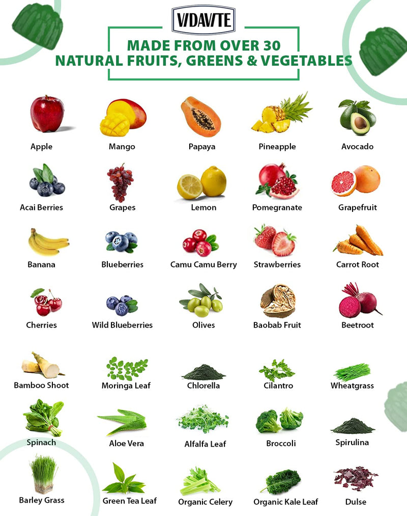 VIDAVITE Sugar-free Super Greens Gummies – US-Made Immunity, Skin & Gut Health (30-Day Supply)