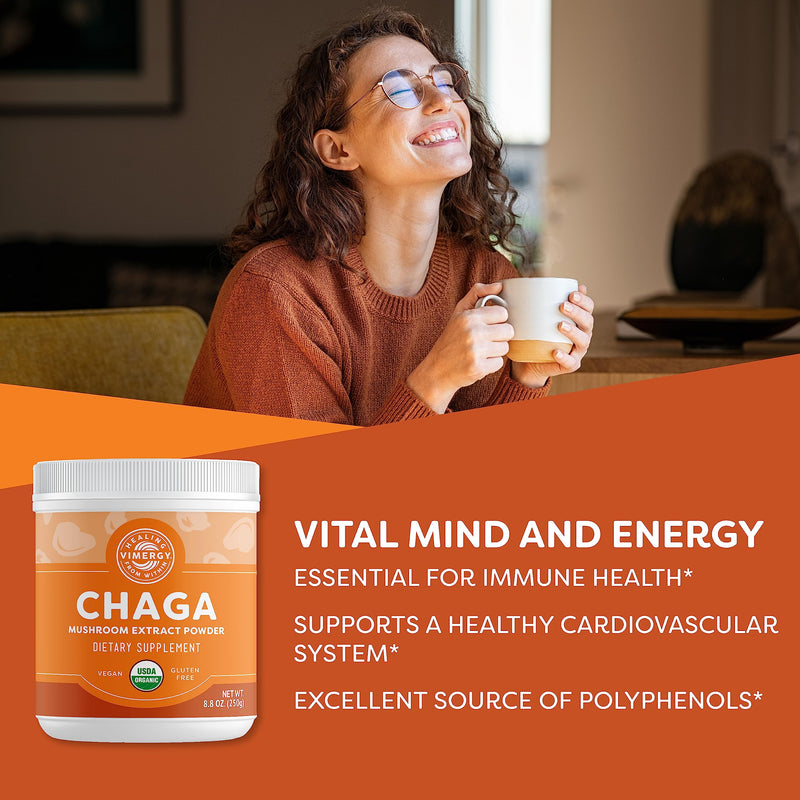 Vimergy USDA Organic Wild Chaga Mushroom Powder, 250g (166 Servings) — Cardiovascular Support, Kosher, Vegan, No Gluten