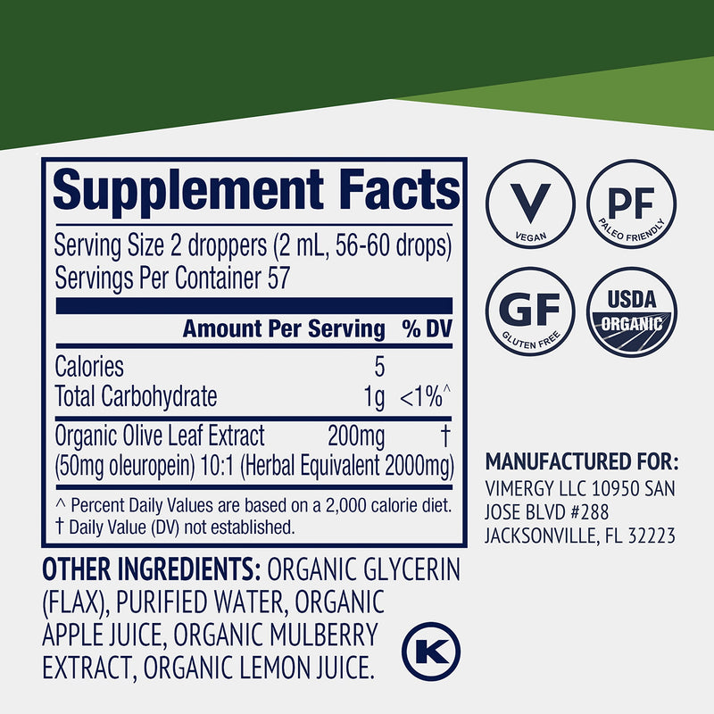 Vimergy Olive Leaf Liquid – Immune Health & Cardiovascular Support | USDA Organic, Vegan, Paleo, Gluten Free – 115 mL (57 Servings)