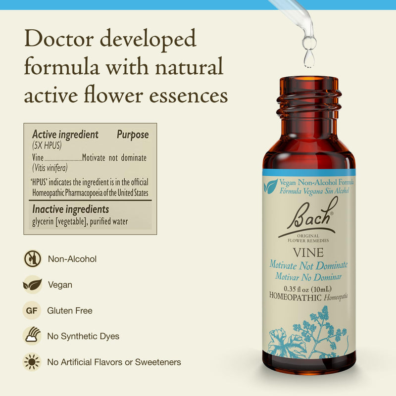 Bach Vine Flower Remedy (Non-Alcohol) - Motivate Not Dominate | Emotional Balance | 10mL Dropper | Vegan, Gluten Free, Sugar Free