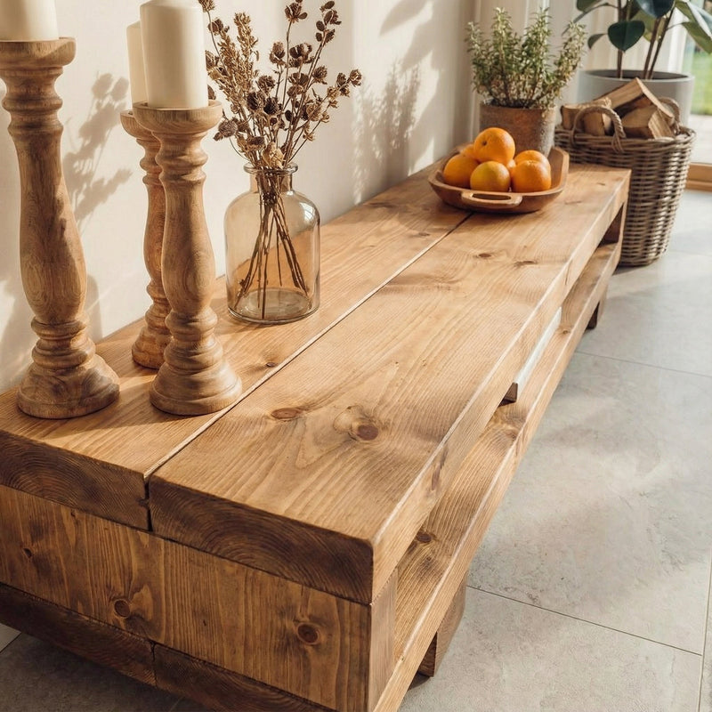 VIOT Low Solid Wood Chunky TV Unit Dark Oak Colour