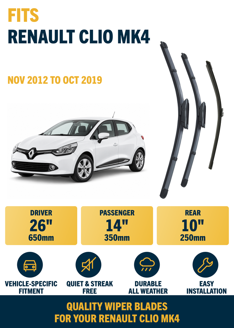 Renault Clio MK4 Hatchback Nov 2012 to Oct 2019 Front & Rear Wiper Blade Set