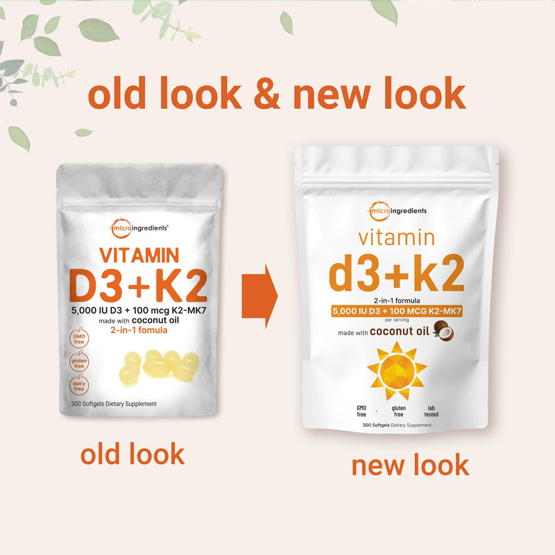 Vitamin D3 5000 IU + K2 MK-7 100 mcg – 300 Softgels, Virgin Coconut Oil