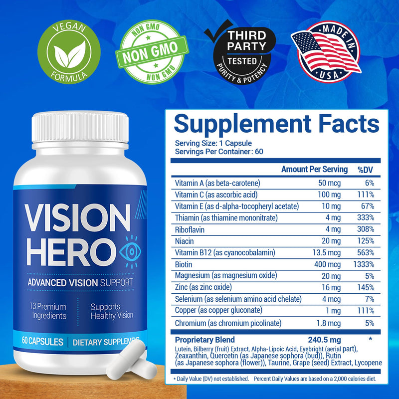 Vision Hero Advanced Vision Support - Eye Health Supplements for Adults (Pack of 2) | 60 Capsules