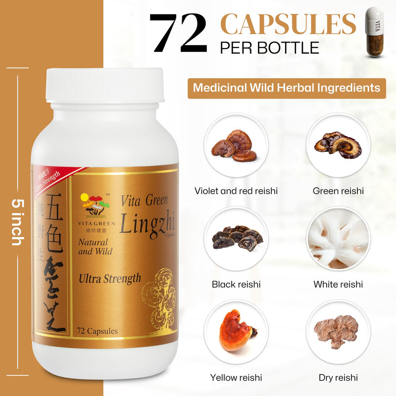 Vita Green Lingzhi Mushroom Capsules – Pure Reishi with Natural Antioxidants for Wellness, Energy & Immune Support – 72 Capsules