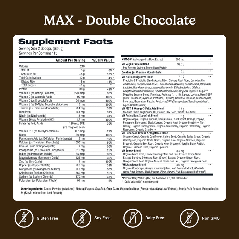 VitaHustle ONE Max Protein + Creatine – 30g Plant Protein, Double Chocolate