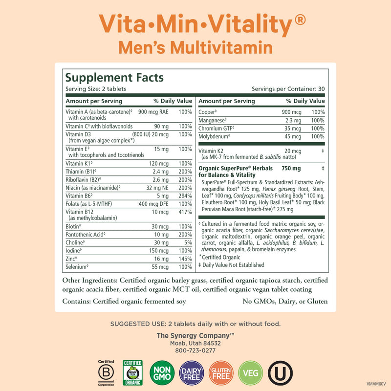 PURE SYNERGY Vita-Min-Vitality | Natural Men’s Multivitamin with Organic Whole Foods | Energy, Stress & Immune Support (60 Tablets)