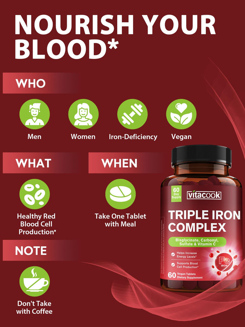 Vitacook Iron Supplement 65mg – 3-in-1 Bisglycinate, Sulfate & Carbonyl Iron with Vitamin C, 60 Tablets