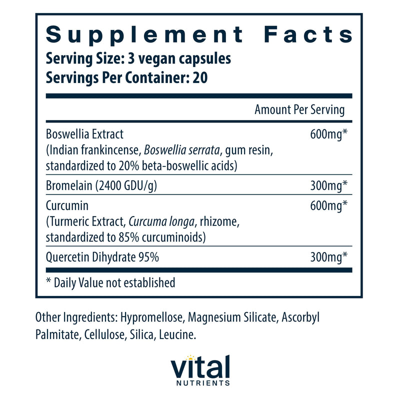 Vital Nutrients BCQ Vegan Joint Support – Boswellia, Bromelain, Curcumin & Quercetin | 60 Capsules
