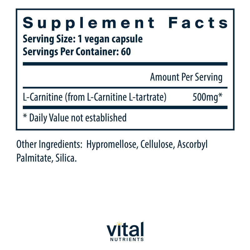 Vital Nutrients Carnitine 500mg – L-Carnitine for Heart Health | Vegan, Gluten & Dairy Free | 60 Capsules