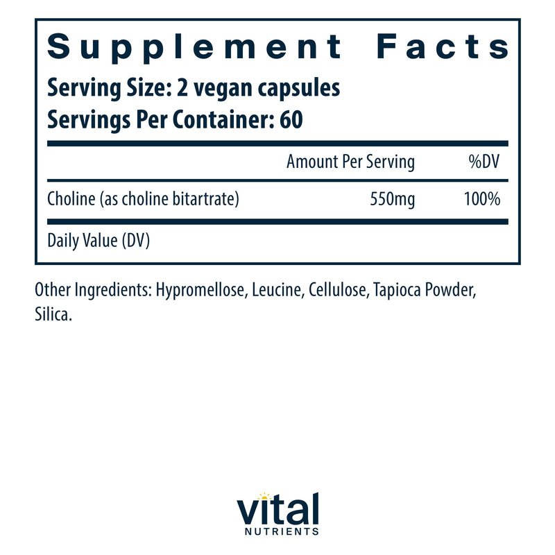 Vital Nutrients Choline 550mg – Vegan, Non-GMO, 100% RDA | 120 Capsules