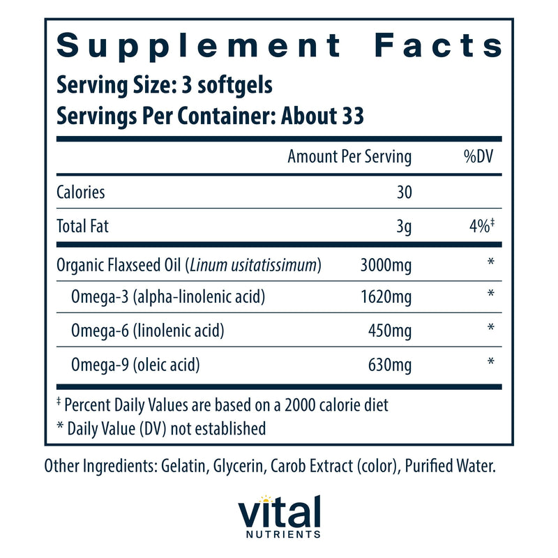 Vital Nutrients Flax Seed Oil 3000mg – Cold Pressed, High ALA for Heart Health | Non-GMO | Gluten, Dairy & Soy Free | 100 Softgels