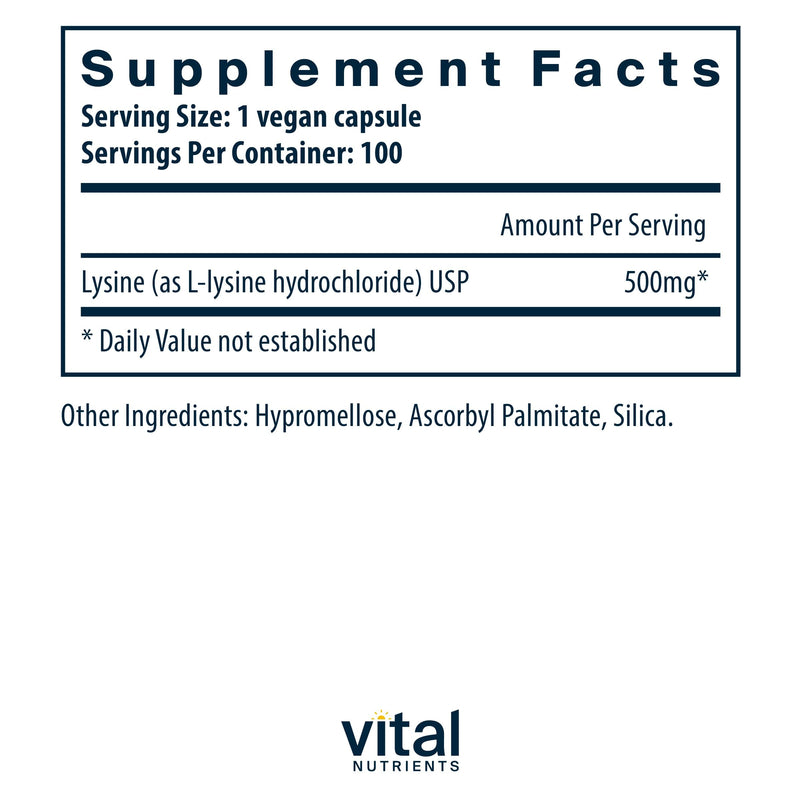 Vital Nutrients Lysine | Lysine Supplement Supports Healthy Lip and Oral Tissue | Immune Support Supplement Promotes Calcium Absorption | Gluten, Dairy, Soy Free | Non-GMO | 100 Capsules