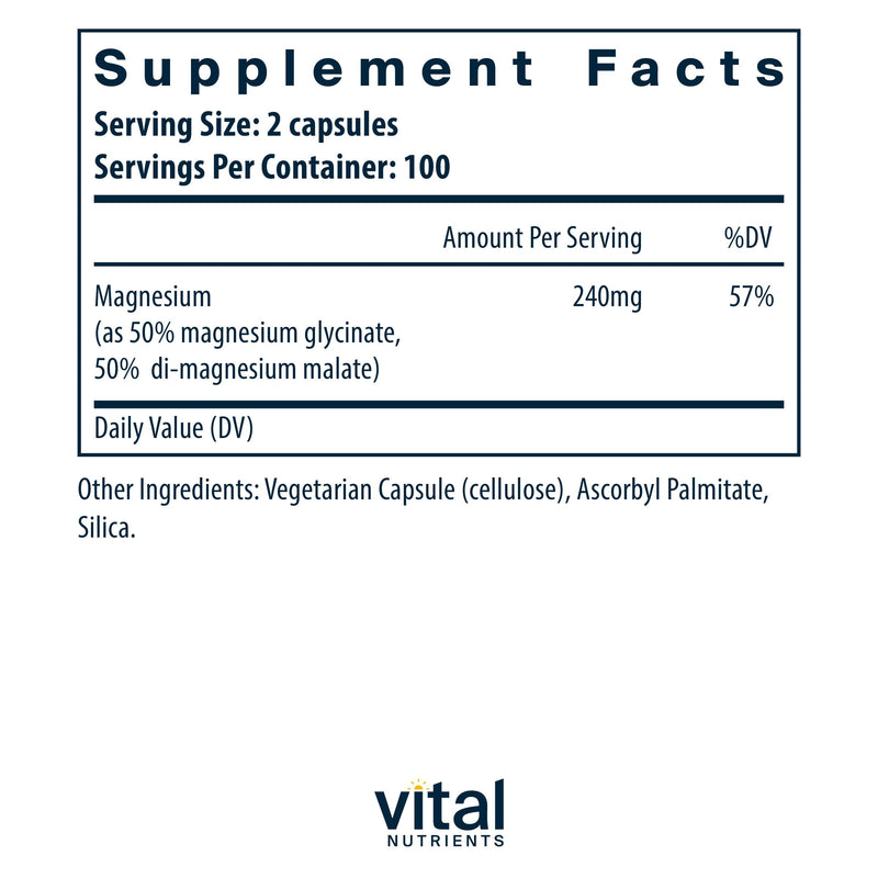 Vital Nutrients Magnesium Glycinate + Malate 120mg | Vegan Magnesium Supplement for Relaxation | 200 Capsules