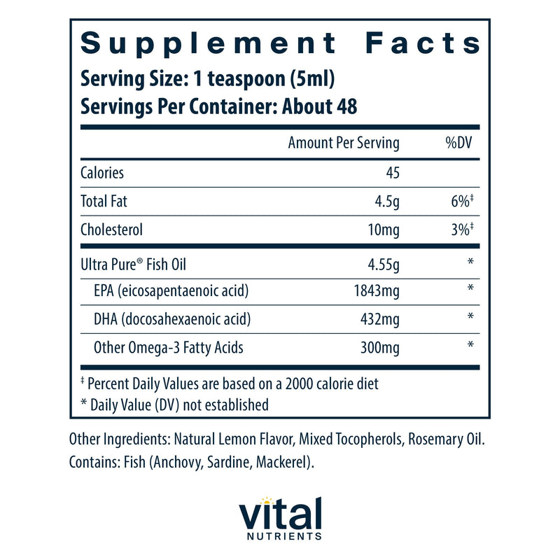 Vital Nutrients Ultra Pure Fish Oil 2600 – Pharmaceutical Grade, Hi-Potency Deep Sea EPA/DHA, 8 oz