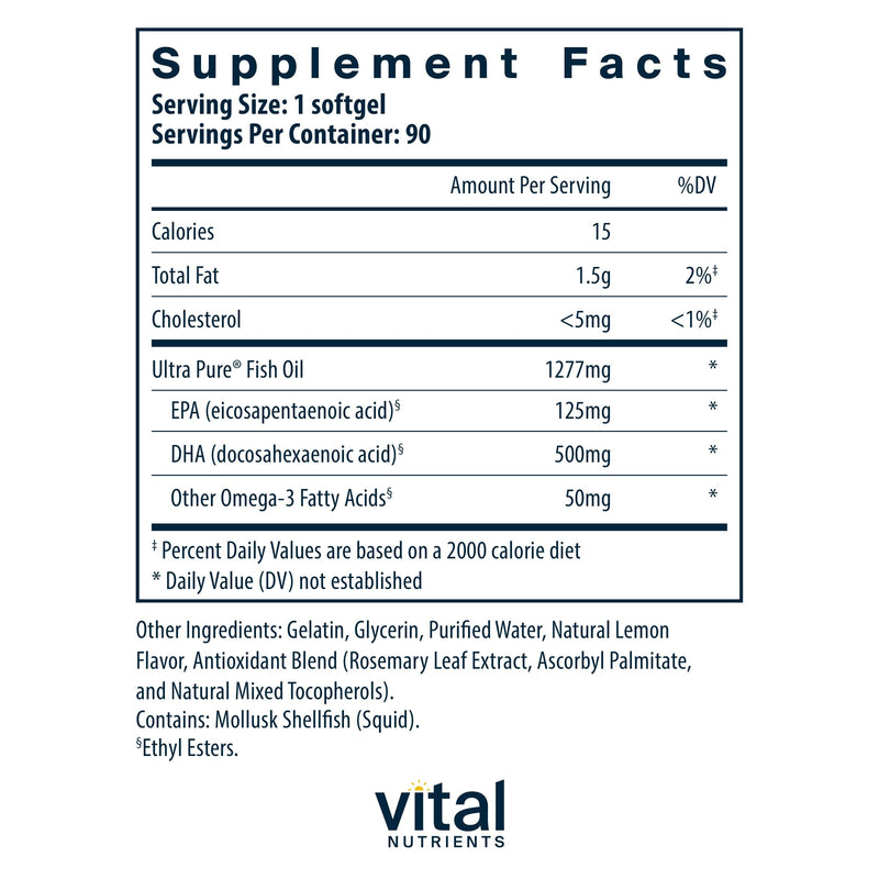 Vital Nutrients Ultra Pure Fish Oil 675 | High DHA Omega-3 (90 Softgels, Lemon)