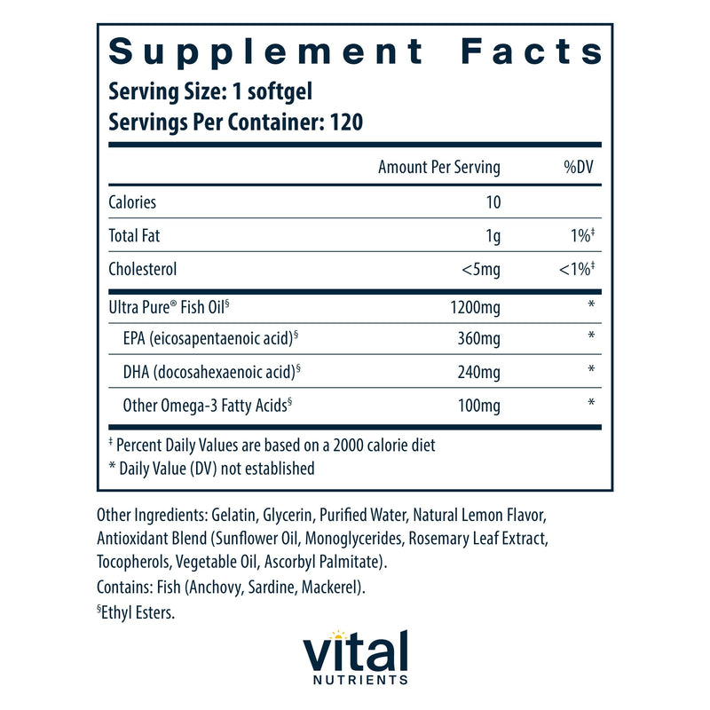 Vital Nutrients Ultra Pure Fish Oil 700 | High EPA & DHA, Lemon Flavor | 120 Softgels