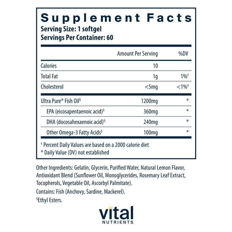 Vital Nutrients Ultra Pure Fish Oil 700 | High EPA & DHA | Lemon | 60 Softgels