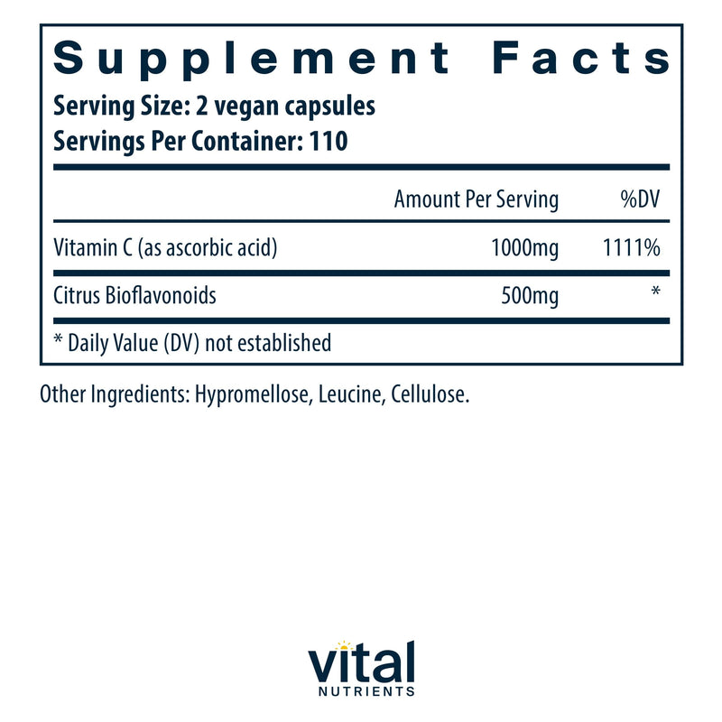 Vital Nutrients Vitamin C with Bioflavonoids | Vegan, Allergen-Free 1000mg Vitamin C + 500mg Citrus Bioflavonoids | 220 Capsules