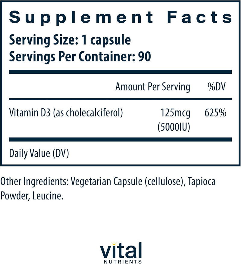 Vital Nutrients Vitamin D 5000 IU | Vitamin D3 Supplement | Healthy Bones, Teeth, Muscles* | Cellular & Immune Function | Calcium Absorption | Gluten, Dairy and Soy Free | 90 Capsules