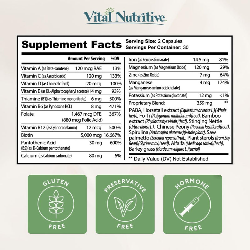 VITAL NUTRITIVE Vital Hair Complex – Biotin & Vitamin B Hair Vitamins for Women & Men (Hormone-Free, Gluten-Free)