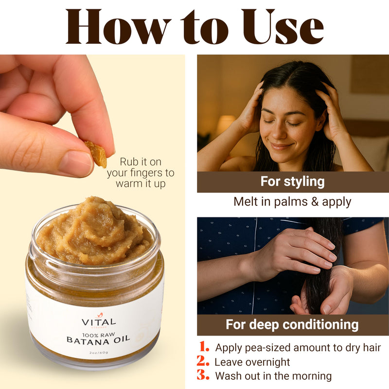 Vital Strands 100% Organic Raw Batana Oil for Hair Growth – All Hair Types – 2oz Glass Jar
