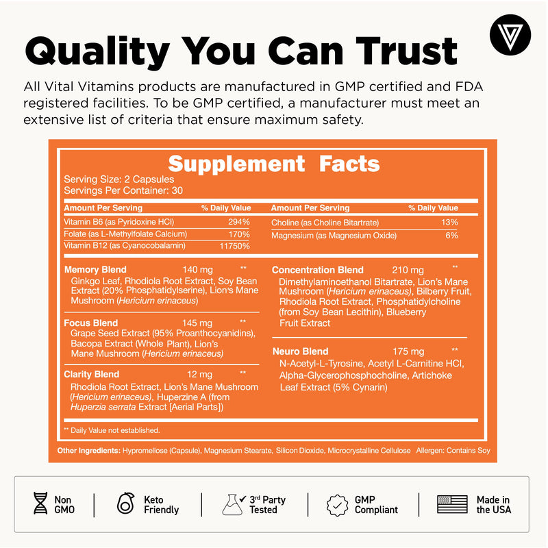 Vital Vitamins Nootropic Brain Supplement Plus – Memory & Focus (Lion's Mane) 60 Caps