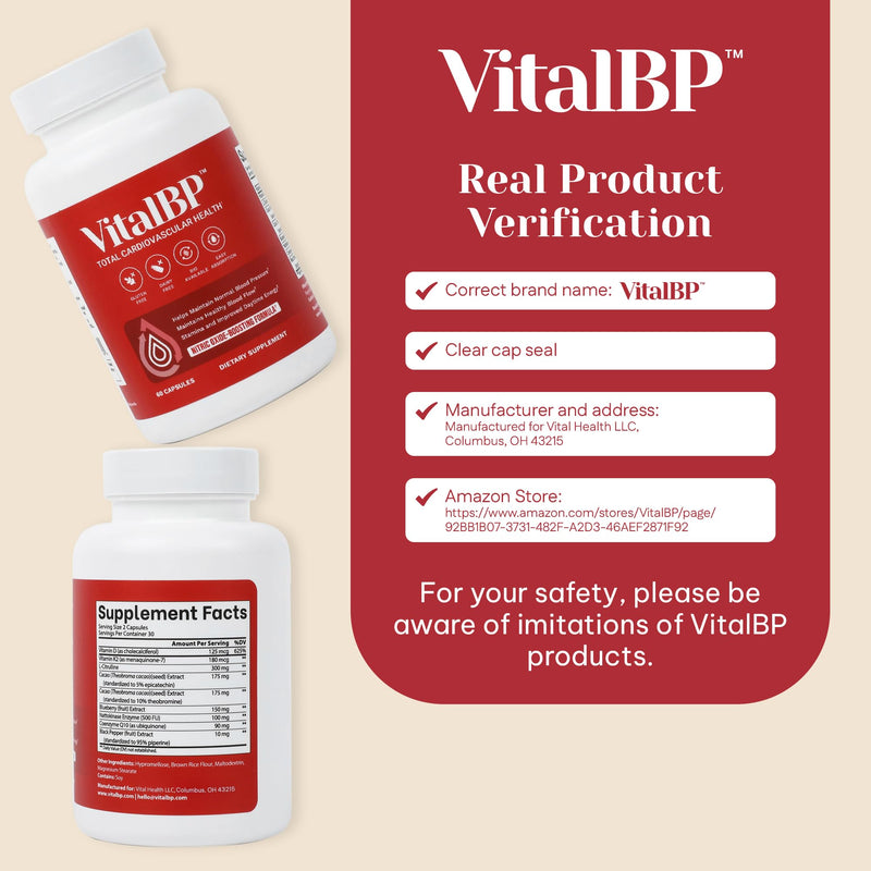 VitalBP - Support for Normal Blood Pressure & Healthy Blood Flow | CoQ10, L-Citrulline, K2 & D3 - 60 Capsules