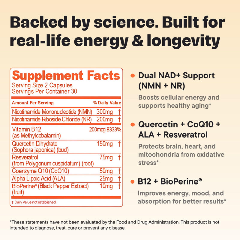 VitalForm NAD+ Booster – NMN + NR Complex for Energy, Healthy Aging & Brain Support | 60 Vegan Capsules