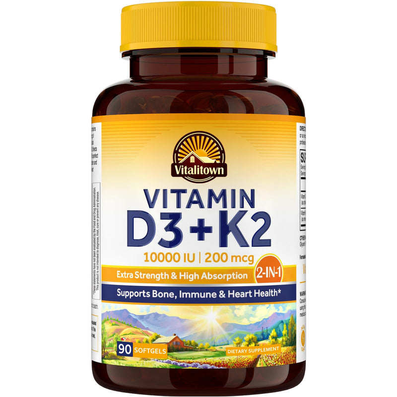 Vitalitown Vitamin D3 K2 Supplement - 10000 IU D3, 200 mcg MK-7, 90 Softgels