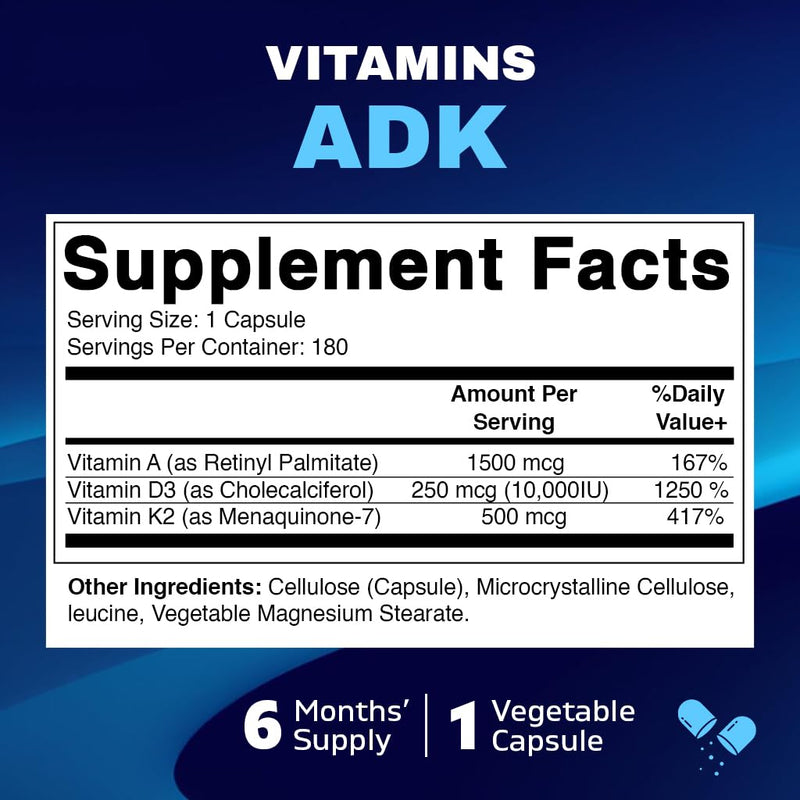 Vitamatic ADK Vitamin Supplement – High Potency A, D3, K2 for Bone Health | 180 Veg Capsules