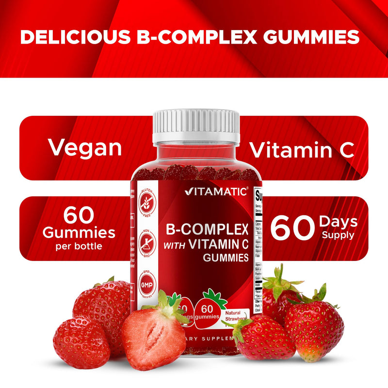 Vitamatic Vitamin B Complex Gummies with Vitamin C & Inositol – Natural Strawberry Flavor – 60 Gummies