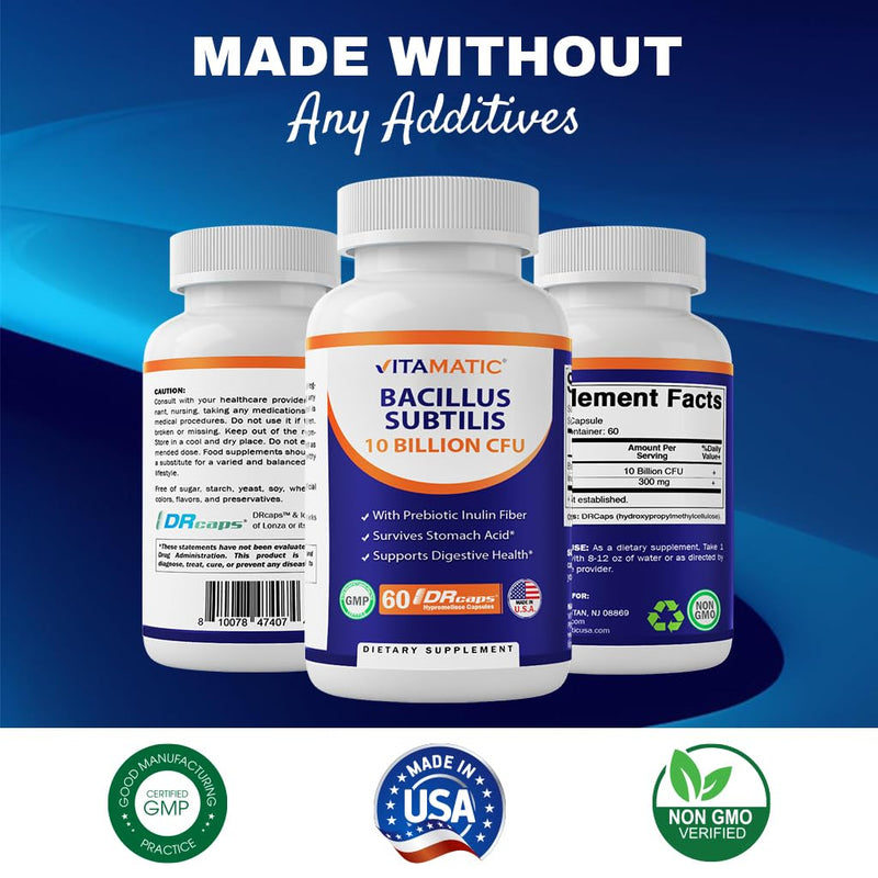 Vitamatic Bacillus Subtilis 10 Billion DR Capsule – 60 Count (Pack of 2) | Digestive & Immune Support