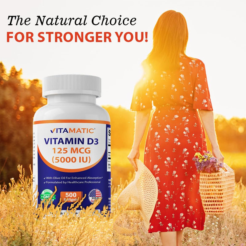 Vitamatic Vitamin D3 5000 IU (125 mcg) – 500 Softgels Olive Oil-Based Formula