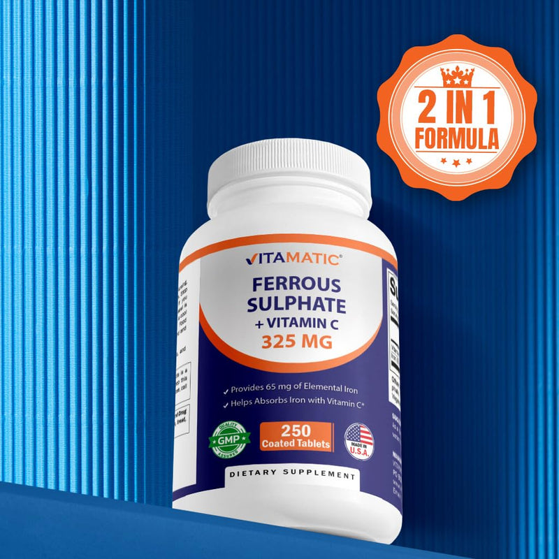 Vitamatic Ferrous Sulfate 325 mg + Vitamin C 100 mg - 65 mg Elemental Iron - 250 Tablets - Made in USA