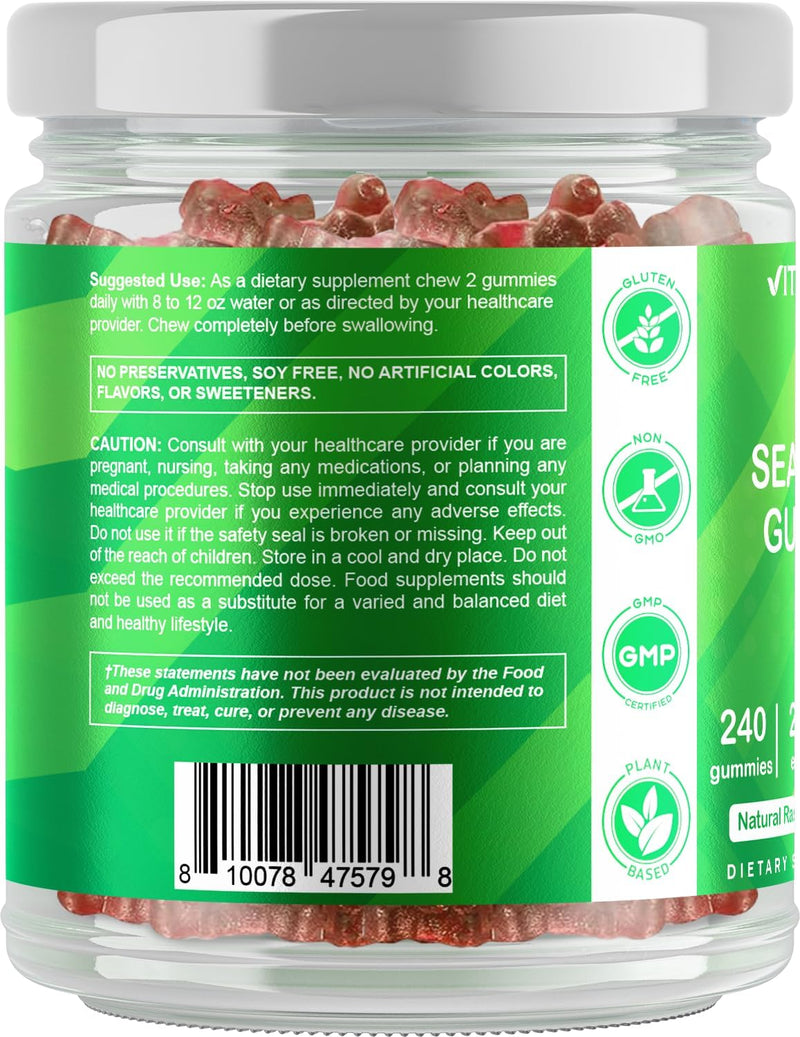 Vitamatic Irish Sea Moss Gummies mg - 240 Vegan Gummies - Made with Bladderwrack & Burdock Root - Seamoss Supplement - Gluten Free & Non-GMO