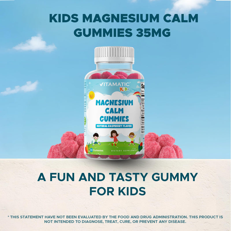 Vitamatic Kids Magnesium Calm Gummies - 60-Count Vegan, Raspberry Flavor | Muscle, Bone & Energy Support